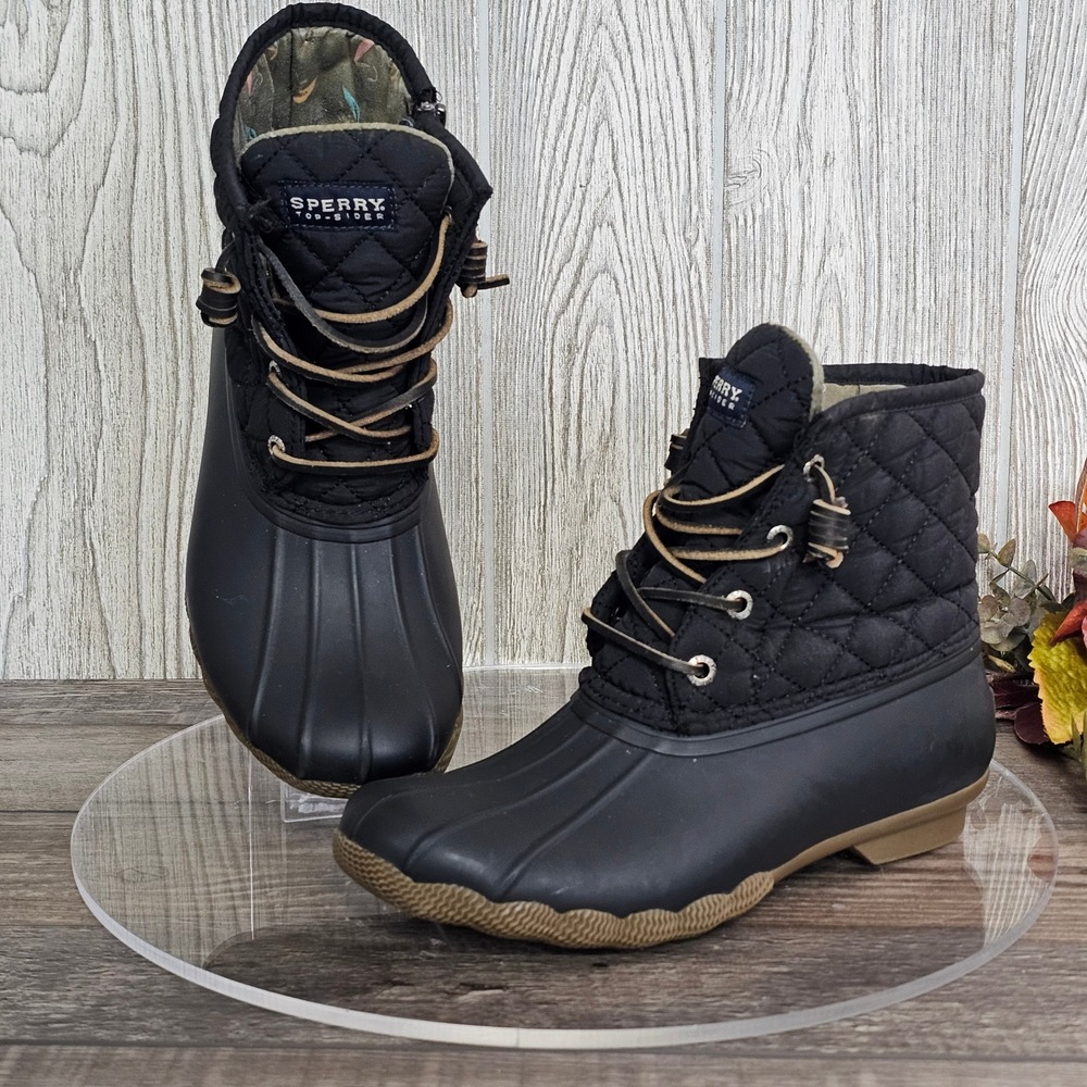 Sperry Saltwater Quilted Duck Boots Women's 6 Black Waterproof STS94063